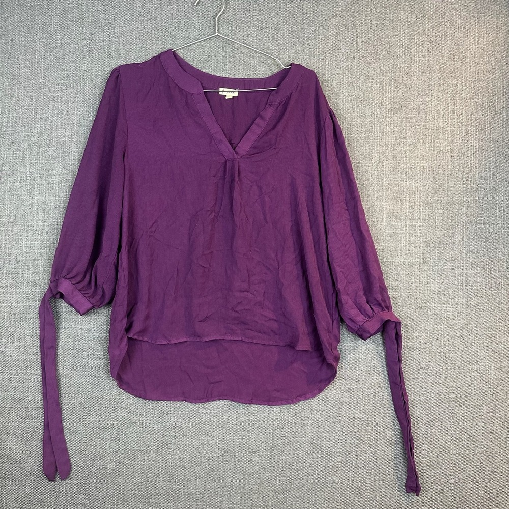 Lily White Purple Blouse XL Long Sleeve Tie Cuff Hi-Low Hem Casual Top